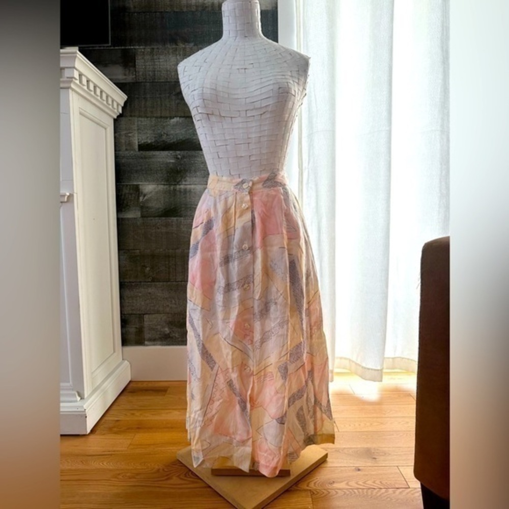 Vintage Pastel Geometric Midi Skirt - Pink, Cream, Peach